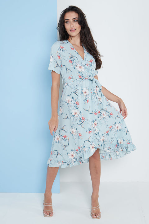 Floral Frill Midi Wrap Dress In Blue By Lilura London