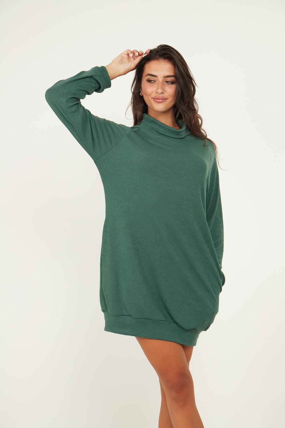 Jumper Dress With Roll Neck And Pockets In Green | Lilura London