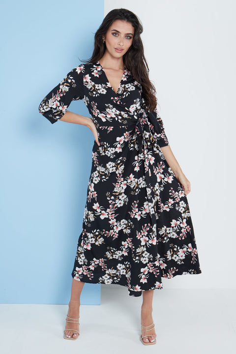 Midi Wrap Dress in Black Floral Print By Lilura London