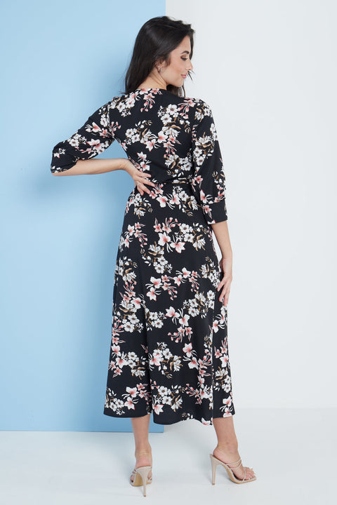 Midi Wrap Dress in Black Floral Print By Lilura London