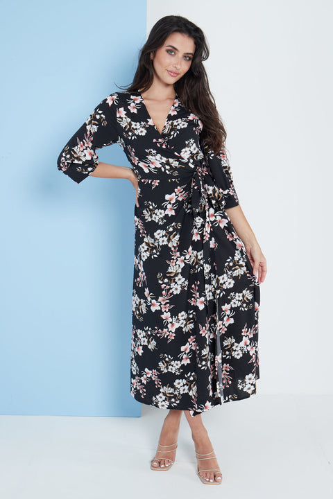 Midi Wrap Dress in Black Floral Print By Lilura London