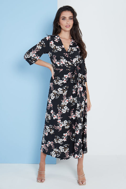 Midi Wrap Dress in Black Floral Print By Lilura London