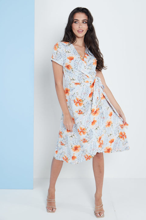 Midi Wrap Dress in Blue Floral Print By Lilura London