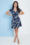 Navy Blue Floral Wrap Frill Dress By Lilura London