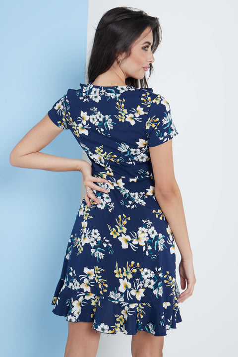 Navy Blue Floral Wrap Frill Dress By Lilura London