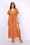 Wrap Front Split Leg Maxi Dress In Camel Daisy Dot Print - Lilura London