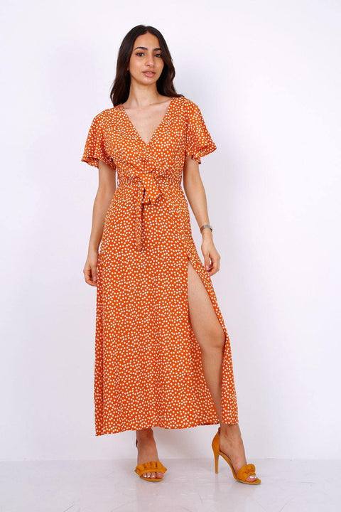 Wrap Front Split Leg Maxi Dress In Camel Daisy Dot Print - Lilura London