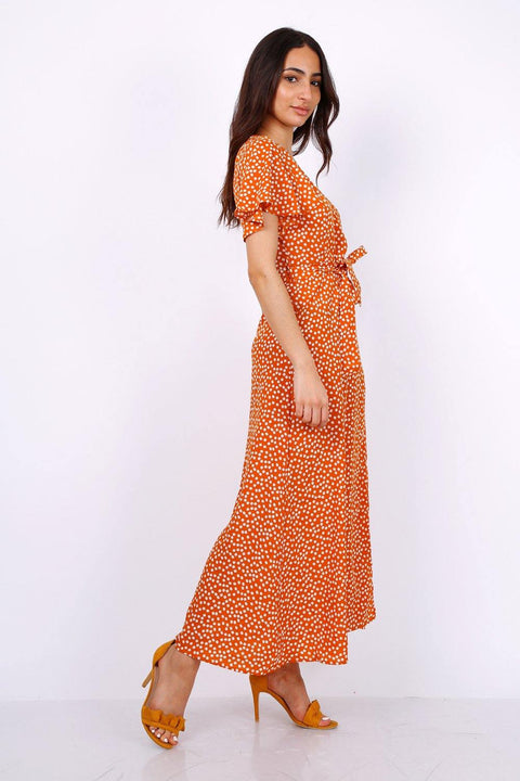 Wrap Front Split Leg Maxi Dress In Camel Daisy Dot Print - Lilura London