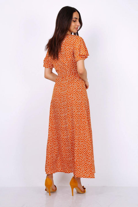 Wrap Front Split Leg Maxi Dress In Camel Daisy Dot Print - Lilura London
