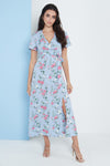 Wrap Front Maxi Dress In Blue Floral Print By Lilura London