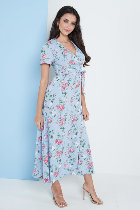 Wrap Front Maxi Dress In Blue Floral Print By Lilura London