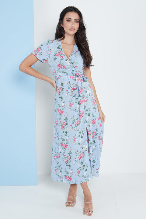 Wrap Front Maxi Dress In Blue Floral Print By Lilura London