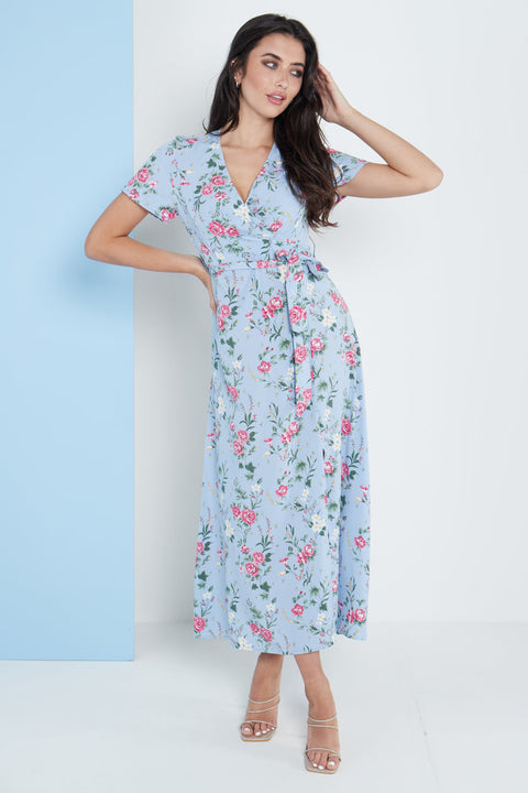 Wrap Front Maxi Dress In Blue Floral Print By Lilura London