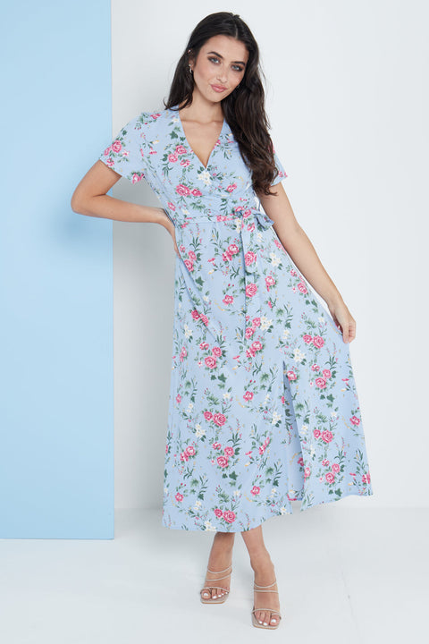 Wrap Front Maxi Dress In Blue Floral Print By Lilura London