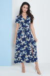 Wrap Front Maxi Dress In Navy Blue Floral Print By Lilura London