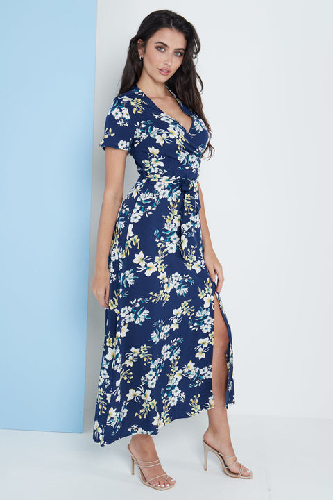 Wrap Front Maxi Dress In Navy Blue Floral Print By Lilura London