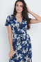 Wrap Front Maxi Dress In Navy Blue Floral Print By Lilura London