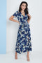 Wrap Front Maxi Dress In Navy Blue Floral Print By Lilura London