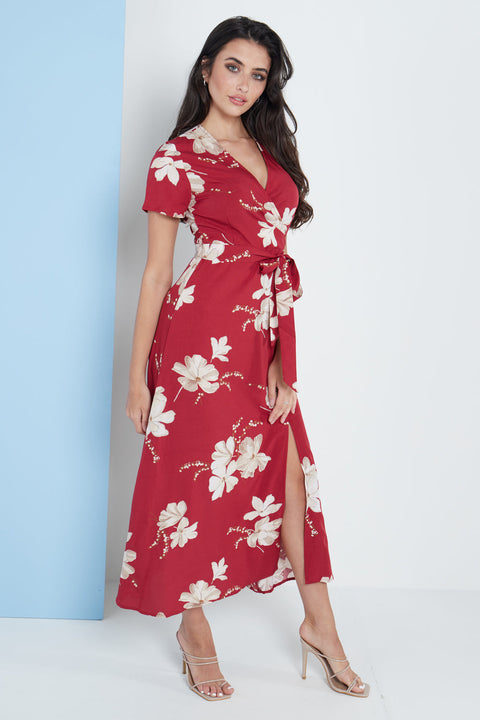 Wrap Front Maxi Dress In Red Floral Print By Lilura London