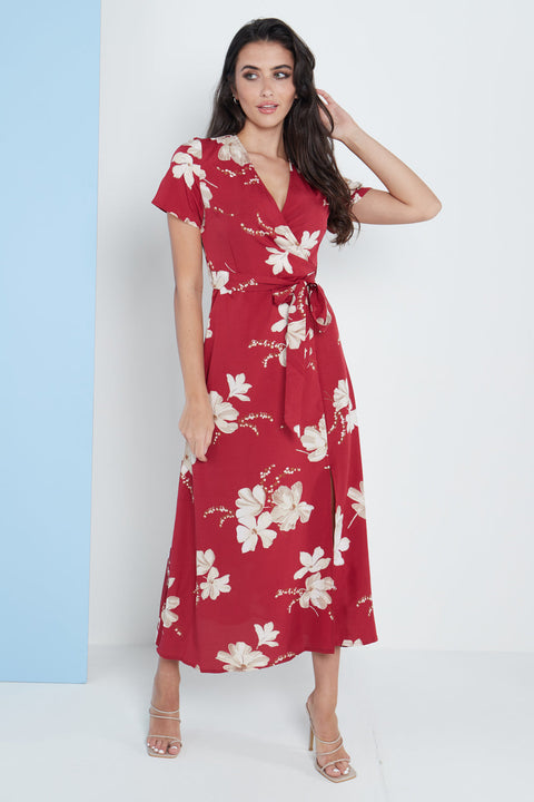 Wrap Front Maxi Dress In Red Floral Print By Lilura London