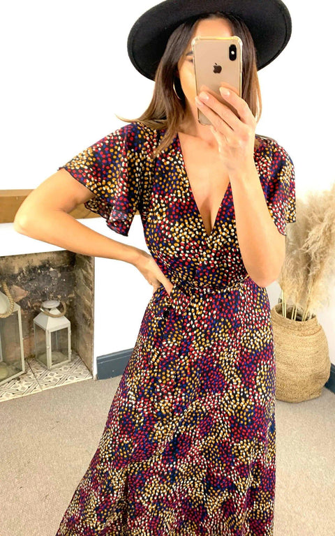 Wrap Front Split Leg Maxi Dress In Multi Spot Print - Lilura London