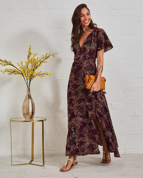 Wrap Front Split Leg Maxi Dress In Multi Spot Print - Lilura London