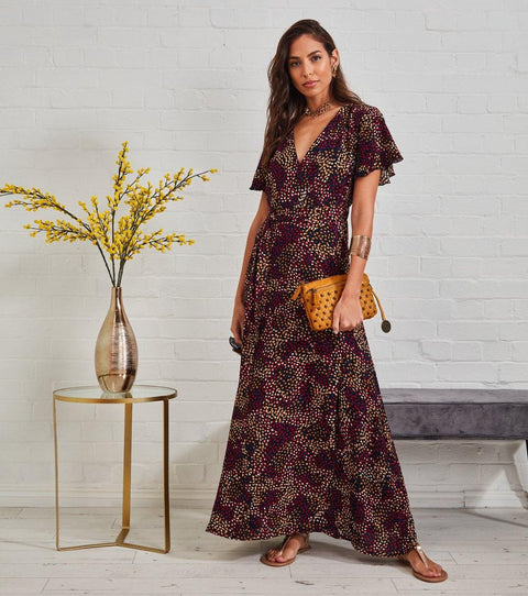 Wrap Front Split Leg Maxi Dress In Multi Spot Print - Lilura London