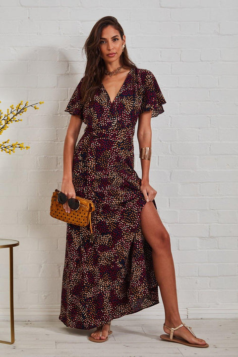 Wrap Front Split Leg Maxi Dress In Multi Spot Print - Lilura London