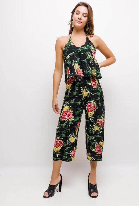 Floral Halterneck Jumpsuit With Layered Top In Black - Lilura London