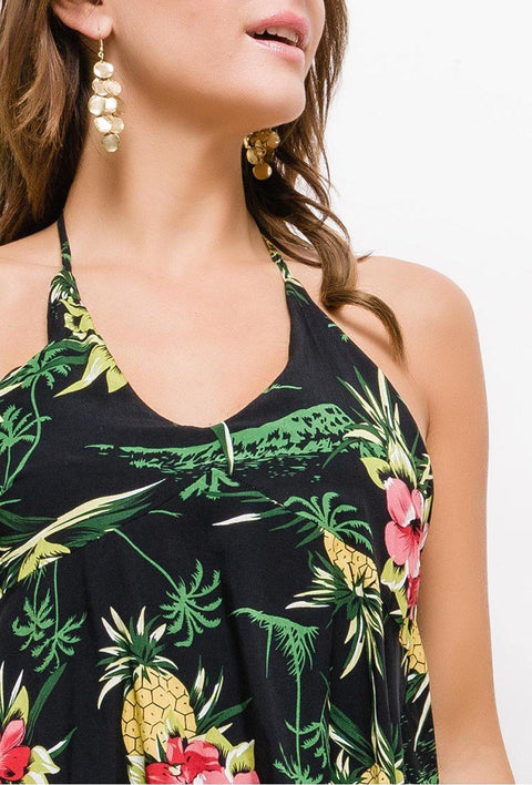 Floral Halterneck Jumpsuit With Layered Top In Black - Lilura London