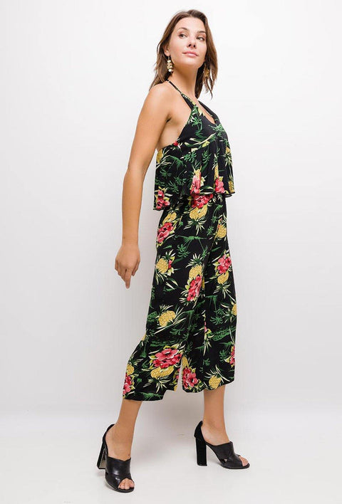 Floral Halterneck Jumpsuit With Layered Top In Black - Lilura London