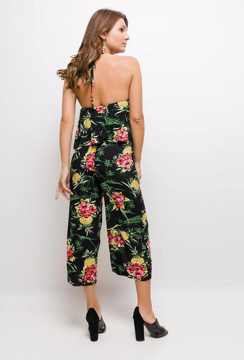 Floral Halterneck Jumpsuit With Layered Top In Black - Lilura London