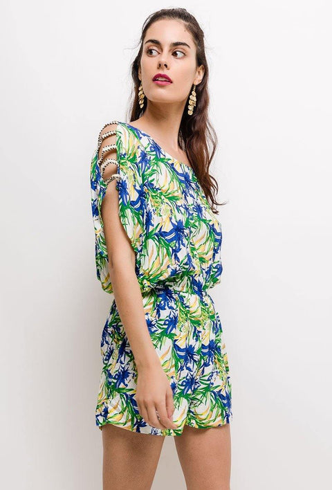 Floral Playsuit With Open Shoulder Detail In Blue - Lilura London