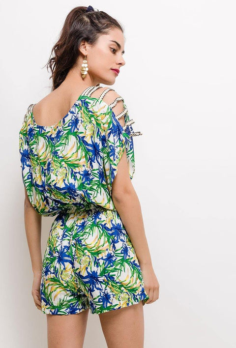 Floral Playsuit With Open Shoulder Detail In Blue - Lilura London