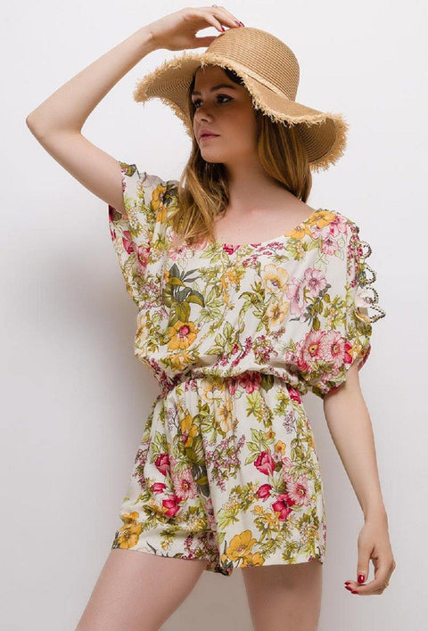 Playsuit With Open Shoulder Detail In White Floral Print - Lilura London