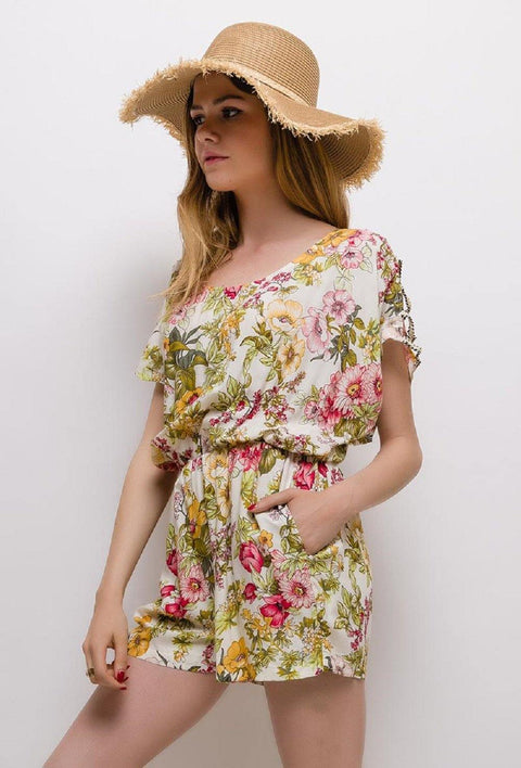 Playsuit With Open Shoulder Detail In White Floral Print - Lilura London