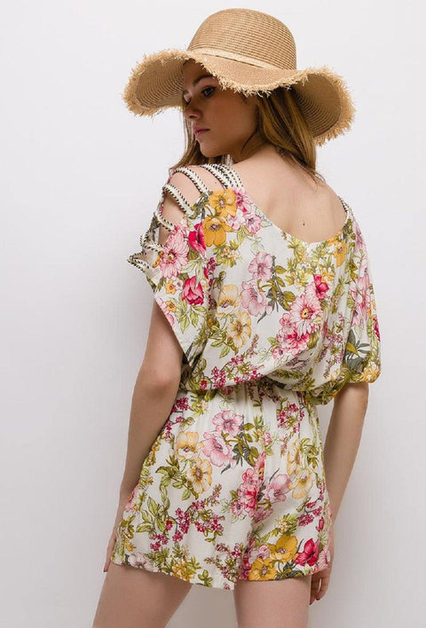 Playsuit With Open Shoulder Detail In White Floral Print - Lilura London