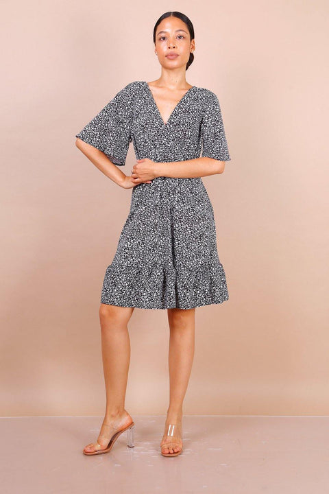 Flute Sleeve Mini Skater Dress In Black Floral Print - Lilura London