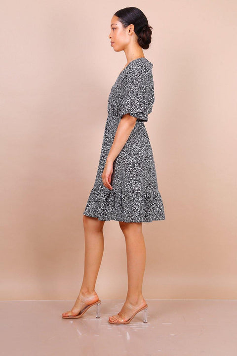 Flute Sleeve Mini Skater Dress In Black Floral Print - Lilura London