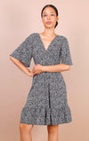 Flute Sleeve Mini Skater Dress In Black Floral Print - Lilura London