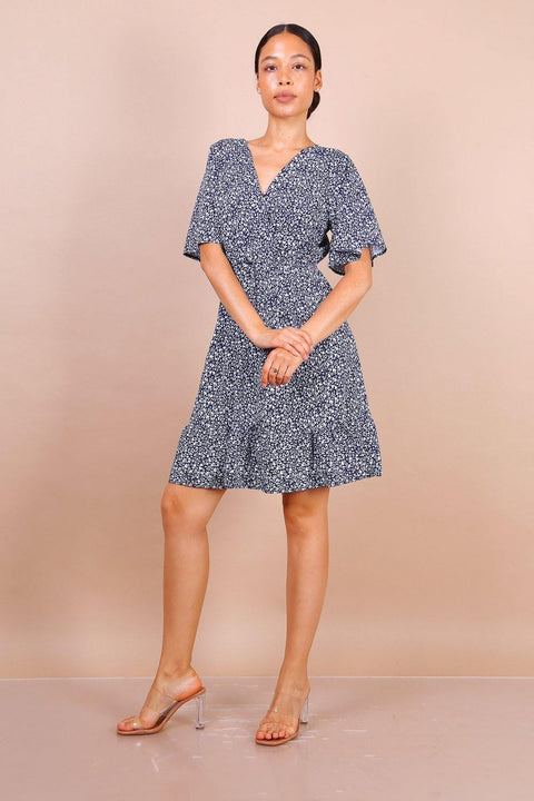 Flute Sleeve Mini Skater Dress In Navy Blue Floral Print - Lilura London
