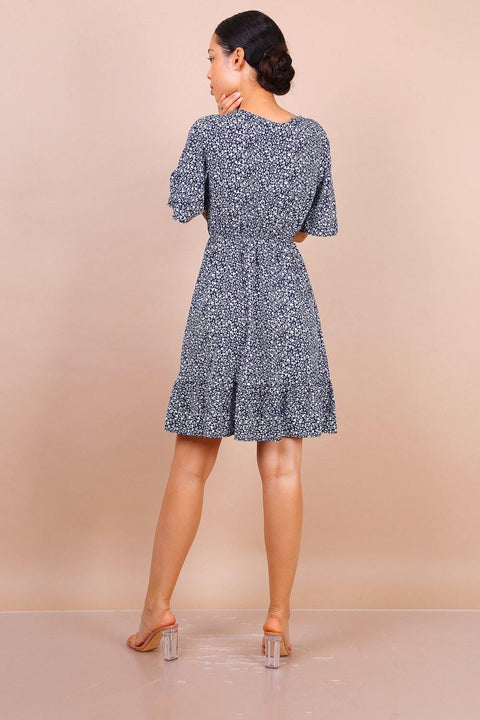 Flute Sleeve Mini Skater Dress In Navy Blue Floral Print - Lilura London