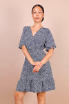 Flute Sleeve Mini Skater Dress In Navy Blue Floral Print - Lilura London