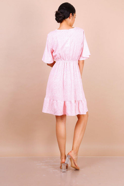 Flute Sleeve Mini Skater Dress In Pink Floral Print - Lilura London
