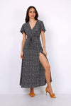 Wrap Front Split Leg Maxi Dress In Black Daisy Dot Print - Lilura London