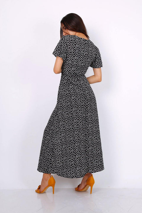 Wrap Front Split Leg Maxi Dress In Black Daisy Dot Print - Lilura London