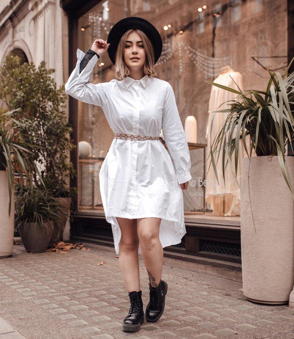 Oversized Dip Hem Shirt Dress In White | Lilura London