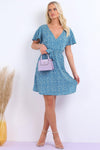 Summer Blue Daisy Dot Wrap Front Mini Dress - Lilura London