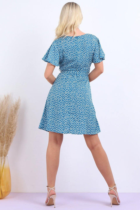 Summer Blue Daisy Dot Wrap Front Mini Dress - Lilura London