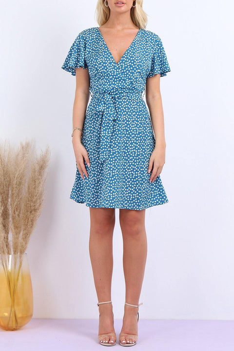 Summer Blue Daisy Dot Wrap Front Mini Dress - Lilura London